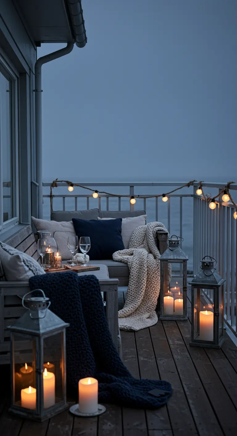 Balcon avec vue sur la mer, canapé gris, plaids tricotés, et lanternes de style tempête.