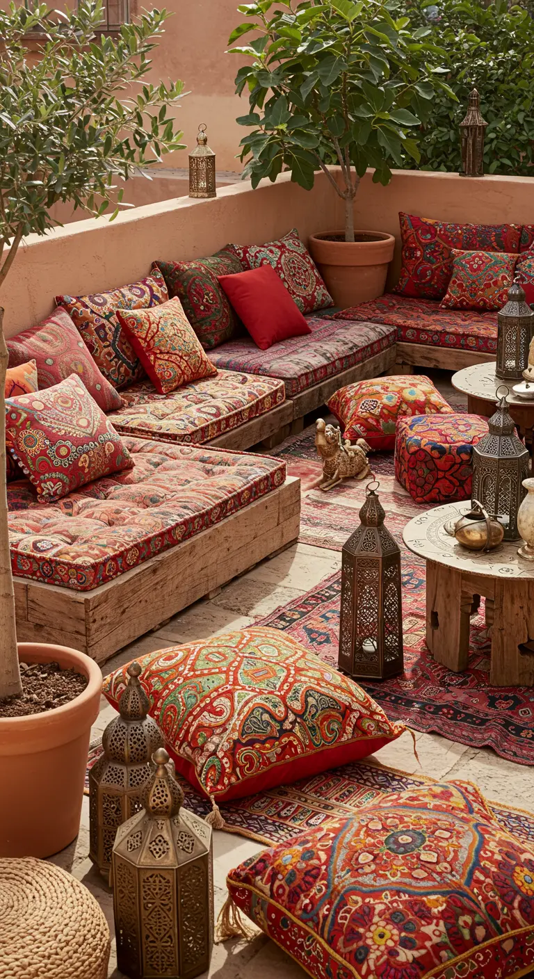 Patio d'inspiration marocaine avec banquettes basses, coussins à motifs riches et lanternes.