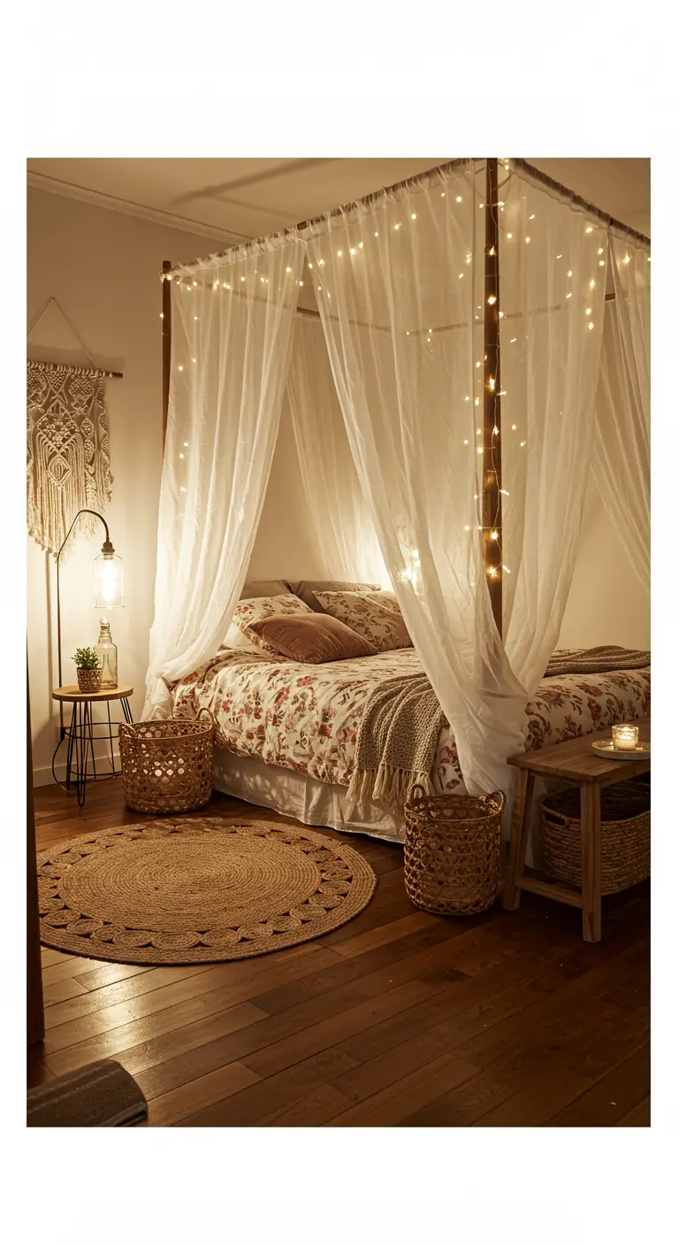 Lit à baldaquin romantique avec voilages et guirlandes lumineuses, tapis en jute rond, paniers en osier.
