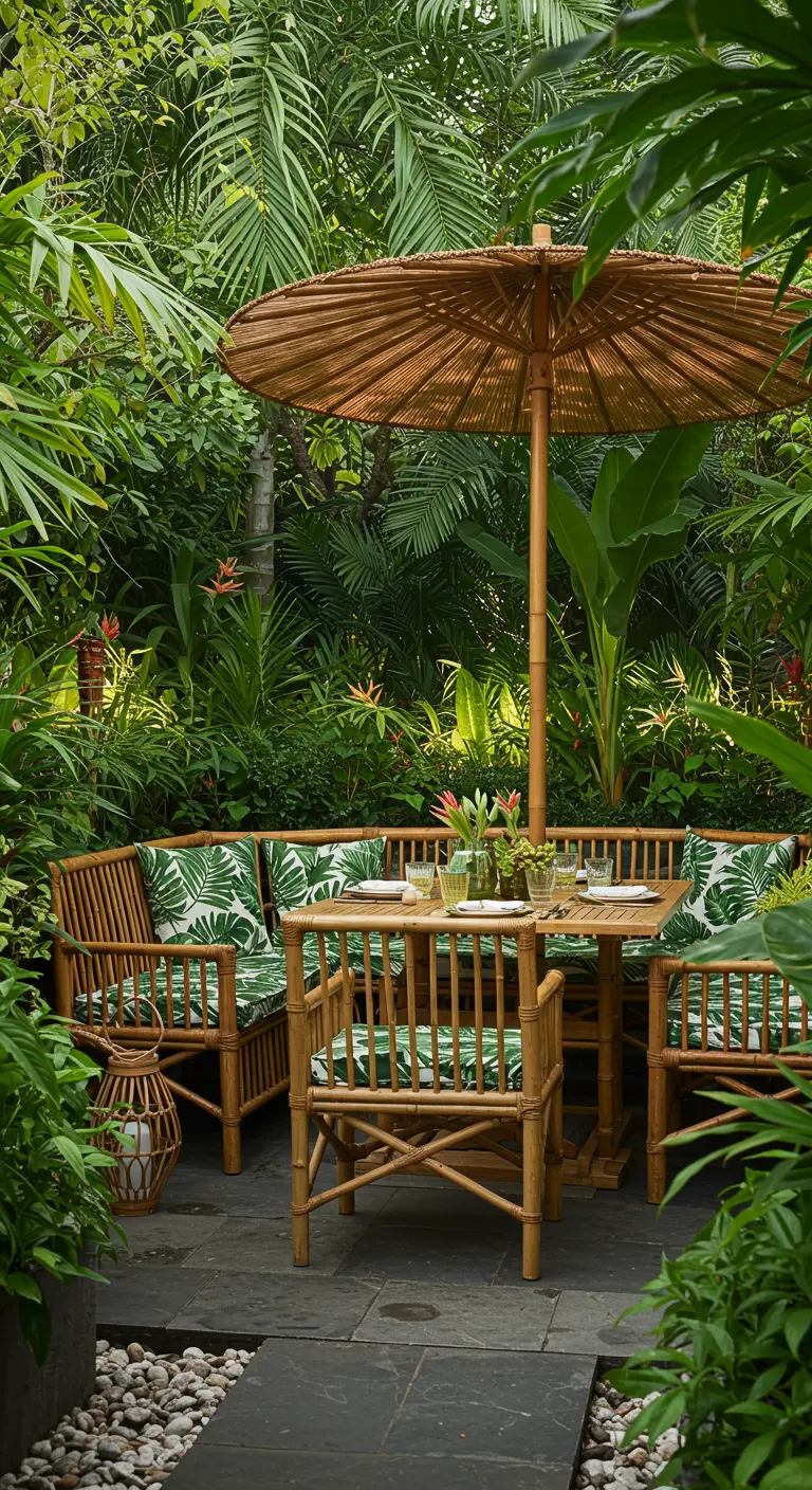 Jardin tropical avec mobilier en bambou, coussins à motifs feuilles et parasol en paille.