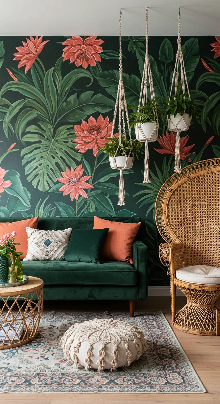 Mur d'accent recouvert de papier peint à motif jungle, avec un canapé en velours vert.