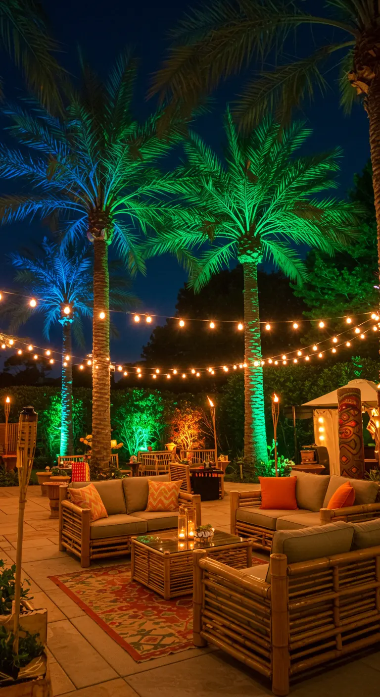 Lounge extérieur tropical avec palmiers éclairés de couleurs vives, guirlandes et torches tiki.