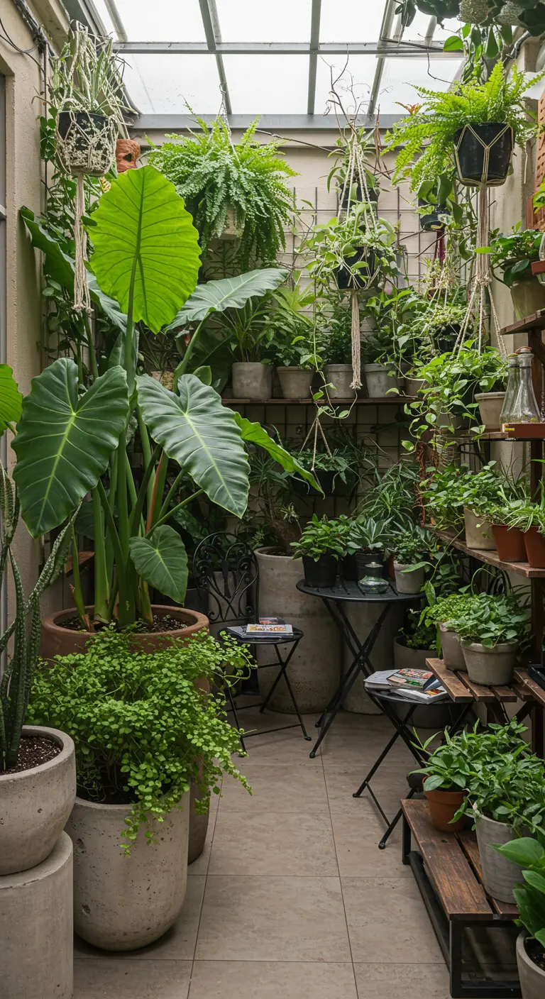 Véranda luxuriante transformée en jungle urbaine avec plantes suspendues et étagères.