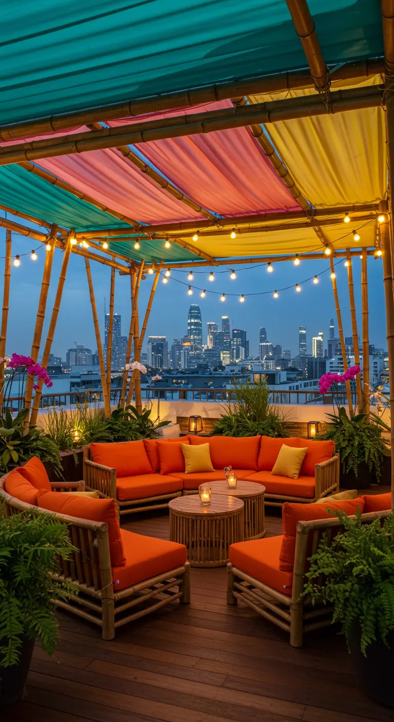 Toit-terrasse tropical avec mobilier en bambou, coussins orange, baldaquin multicolore et guirlandes lumineuses.