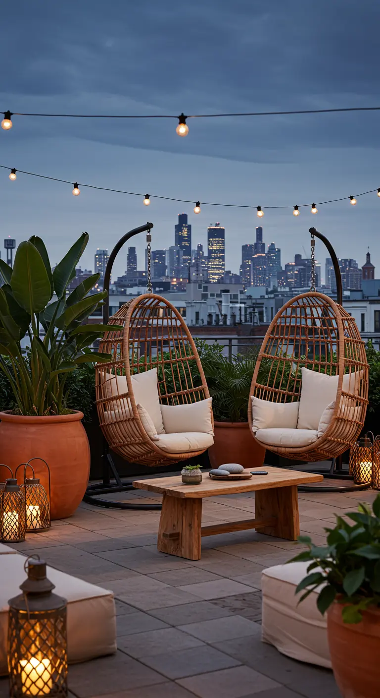 Deux fauteuils suspendus en rotin sur un toit-terrasse urbain avec des plantes et des guirlandes lumineuses.