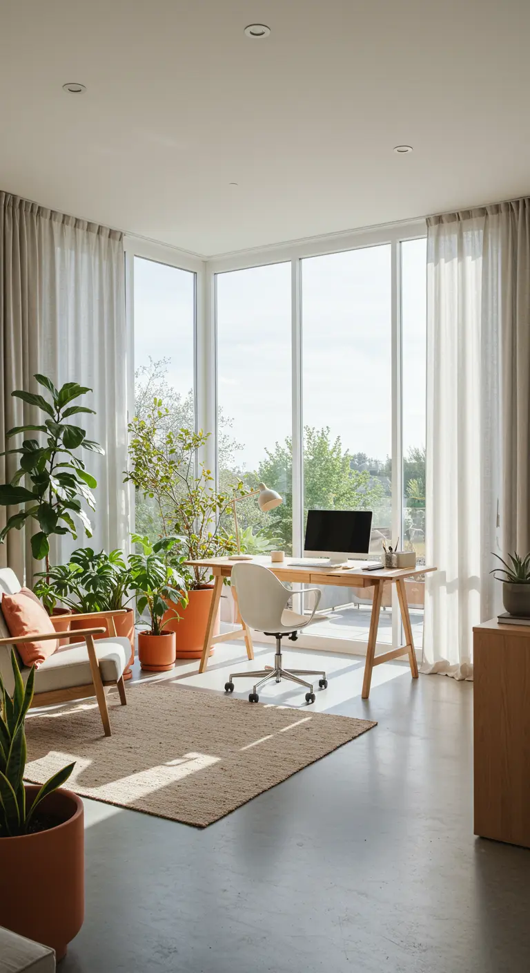 Un bureau moderne et lumineux avec de grandes fenêtres, des plantes luxuriantes et des rideaux clairs.
