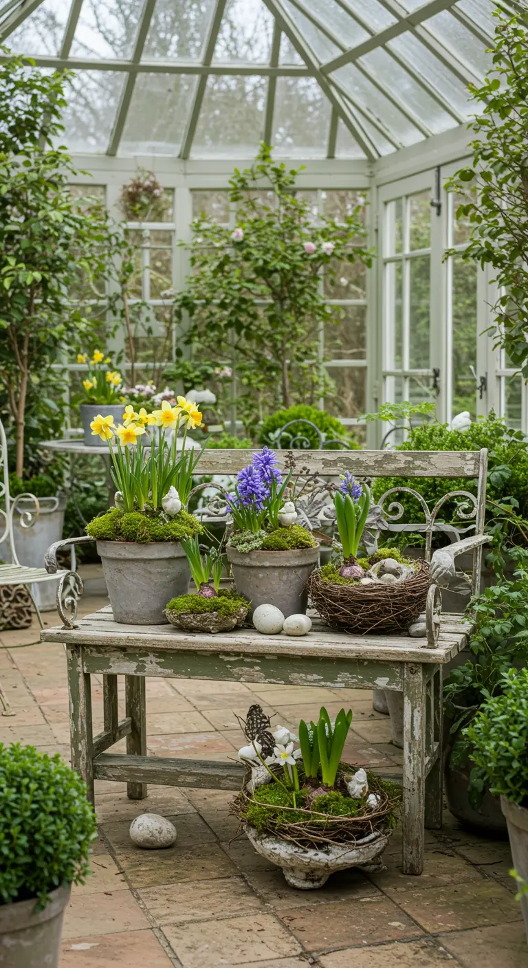 Banc de jardin patiné décoré de jonquilles, jacinthes, mousse et œufs de Pâques.