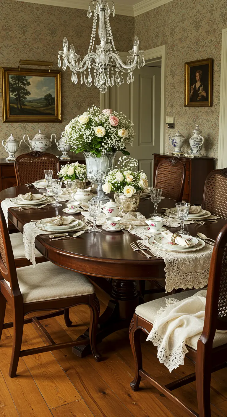 Salle à manger traditionnelle avec table en bois foncé, nappe en dentelle et abondance de fleurs blanches.