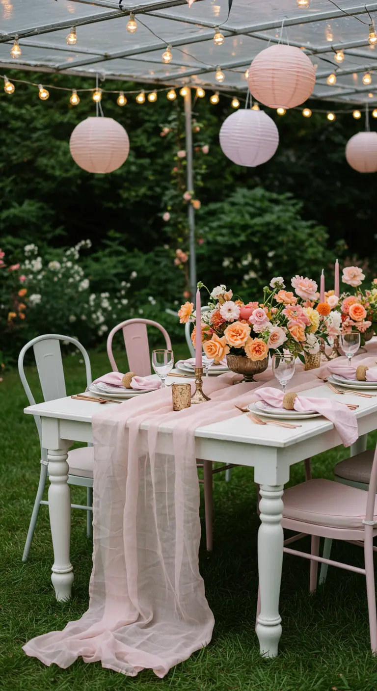 Table de garden party avec chemin de table rose, lanternes en papier et compositions florales colorées.