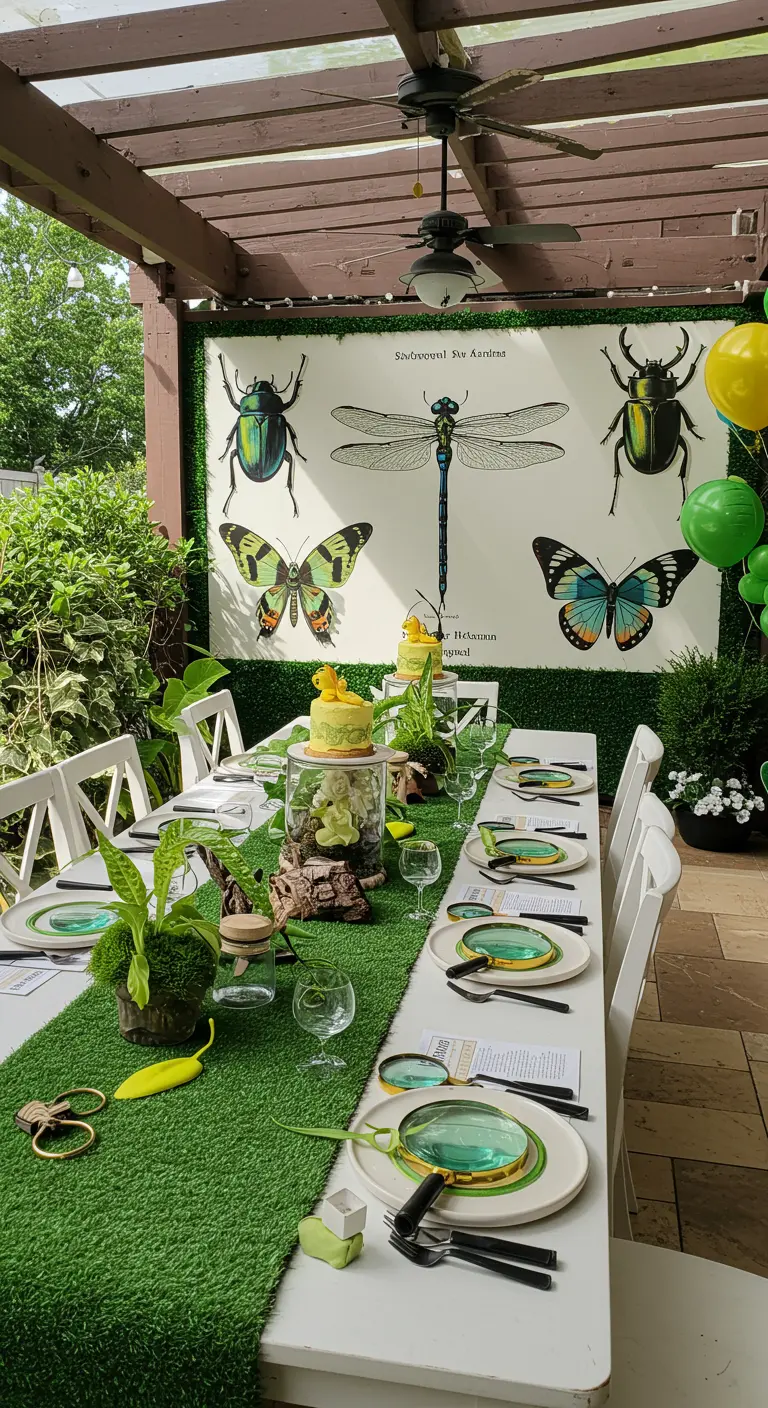Table de fête sur le thème des insectes avec un chemin de table en gazon et des loupes.