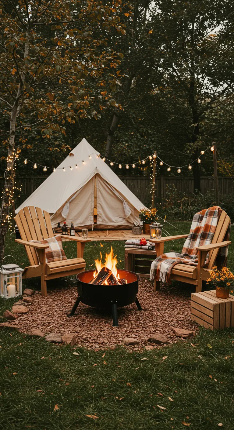 Jardin avec tipi de glamping, fauteuils Adirondack en bois, brasero et guirlandes lumineuses