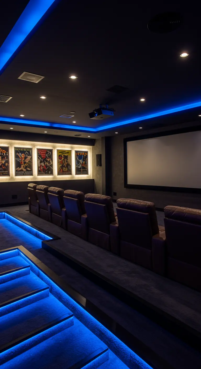 Salle de cinéma maison moderne avec des fauteuils en rangées et un éclairage LED bleu.