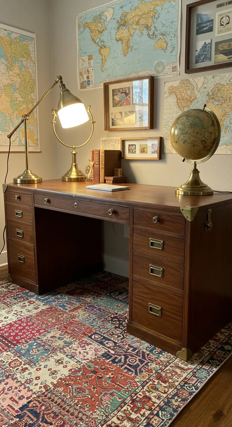 Bureau de style campagne entouré de cartes géographiques murales et d'un globe terrestre.