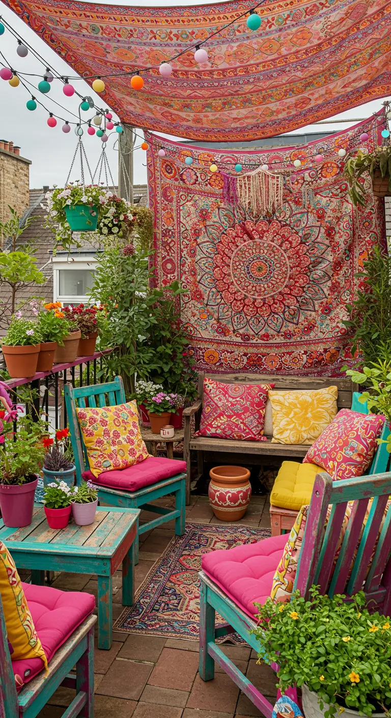 Balcon coloré bohème avec toile d'ombrage, tapis mural, meubles peints et guirlandes.