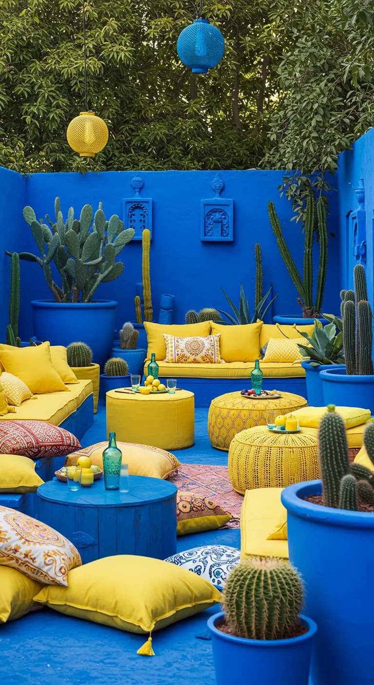 Cour extérieure peinte en bleu Majorelle avec du mobilier et des coussins jaunes.