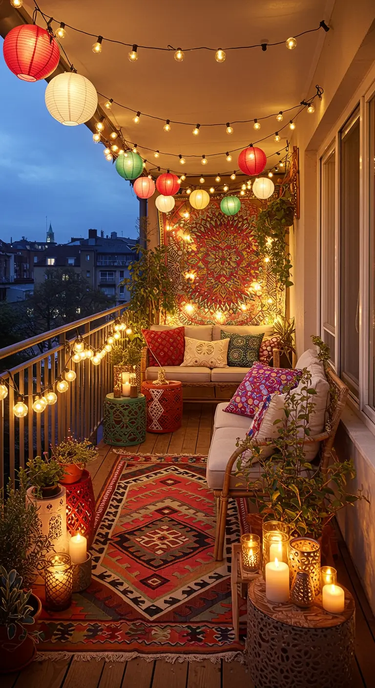 Balcon coloré avec un tapis ethnique, des lampions en papier et des guirlandes lumineuses.