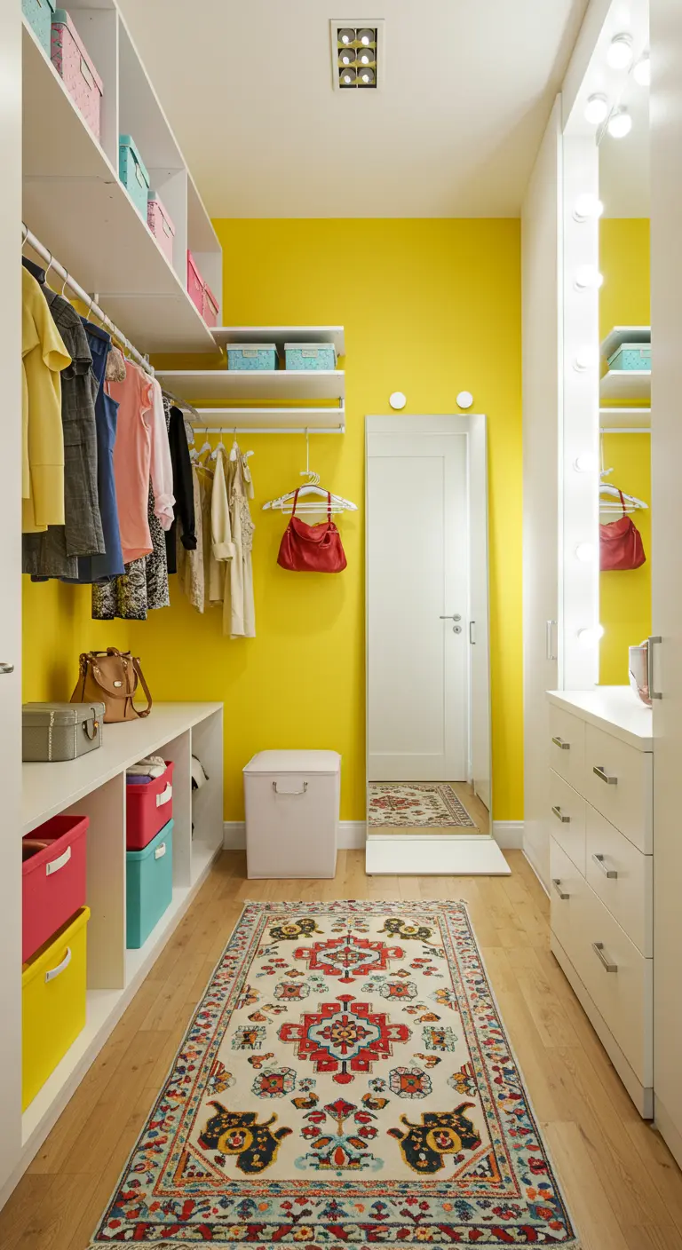 Dressing jaune vif avec rangements blancs, tapis coloré et miroir de maquillage éclairé.