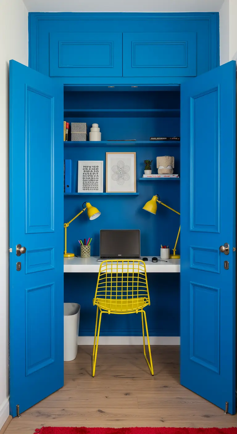 Bureau dans un placard entièrement peint en bleu vif avec une chaise jaune.