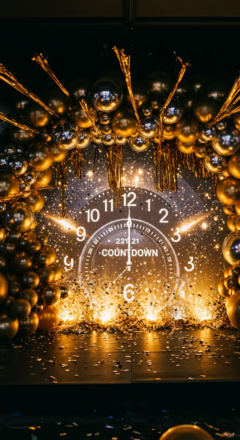 Horloge lumineuse au centre d'une explosion de confettis et de ballons dorés.