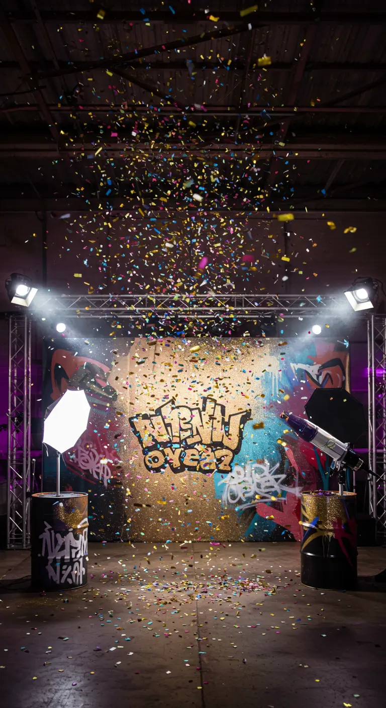 Photobooth graffiti avec fond coloré, paillettes, tonneaux customisés, confettis et éclairage de studio.