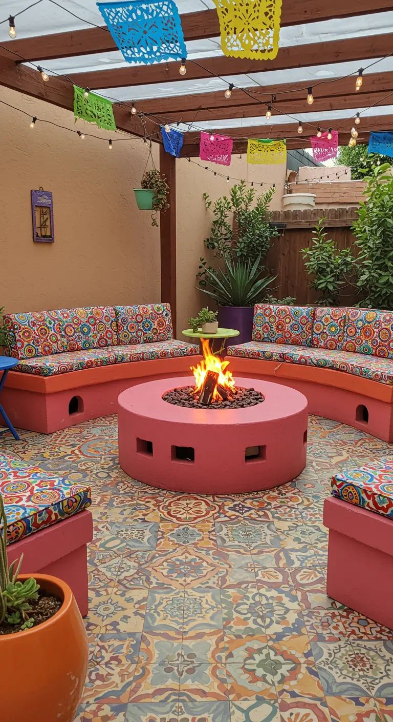 Patio mexicain coloré avec banquettes roses, coussins à motifs circulaires, foyer assorti, et guirlandes de fanions.