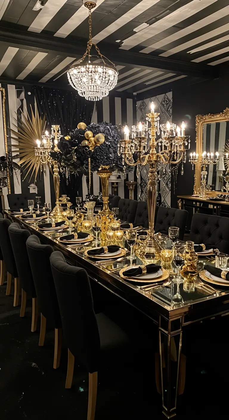 Table de réception luxueuse dans une pièce à rayures noires et blanches.
