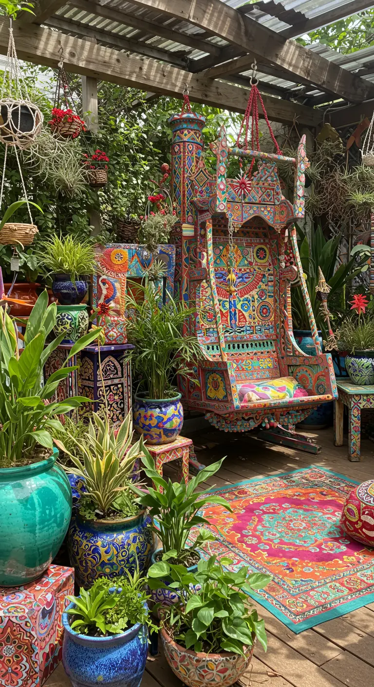 Balançoire colorée peinte à la main dans un espace extérieur éclectique avec de nombreuses plantes.