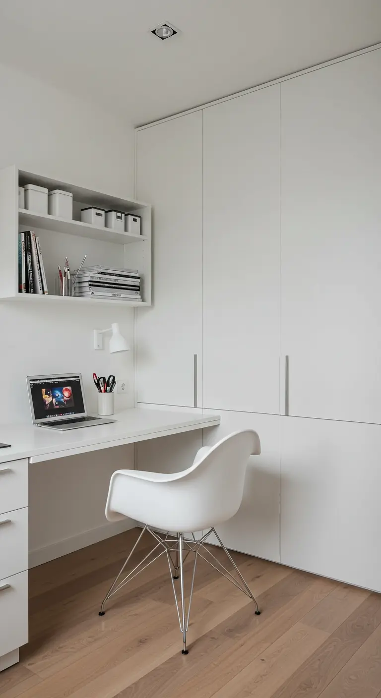 Espace de travail entièrement blanc avec bureau, étagères et placards intégrés.