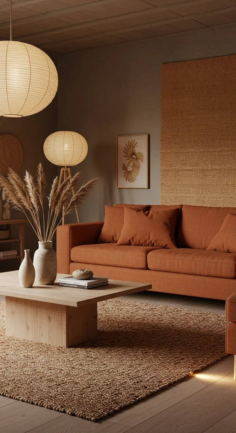 Salon de style Japandi avec canapé terracotta, tapis en jute et vases en céramique.