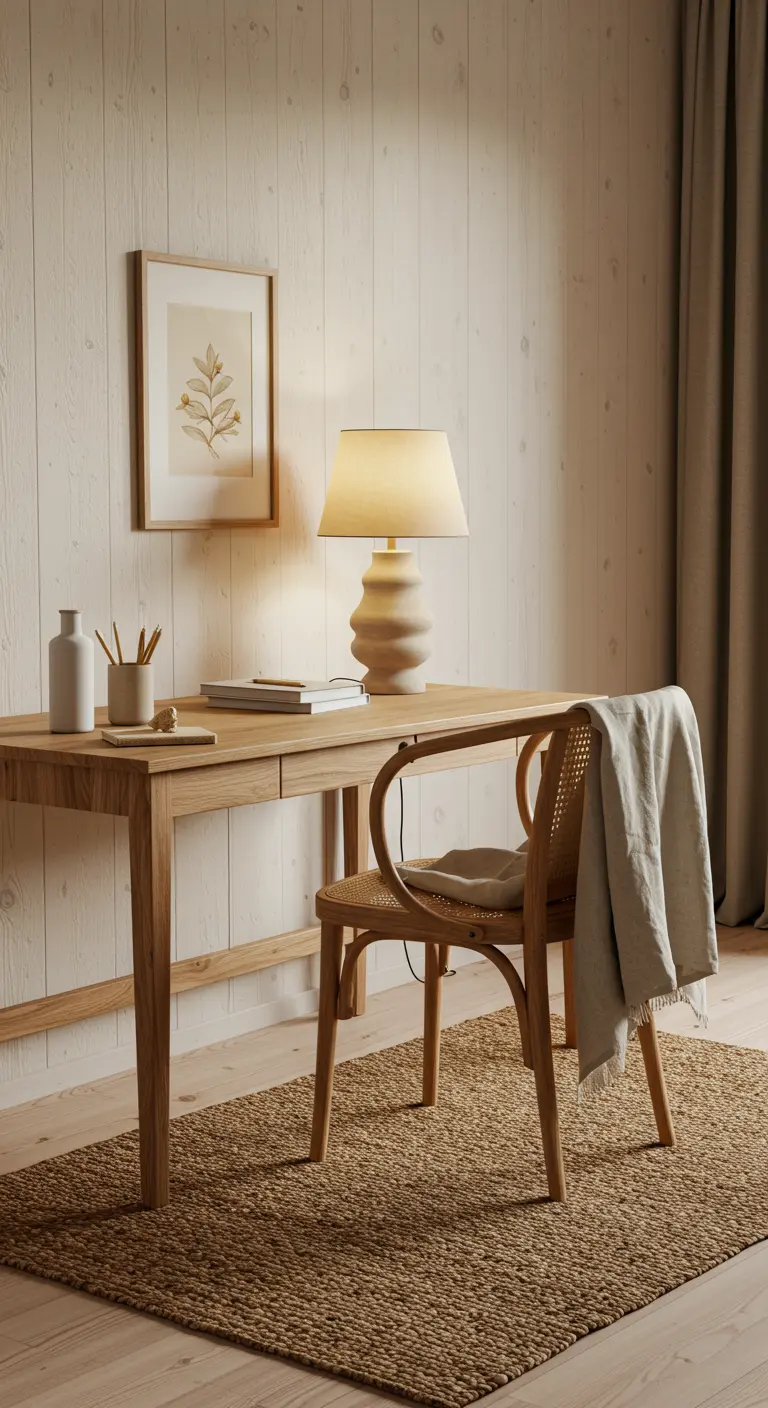 Bureau en bois avec chaise en rotin sur un tapis de jute, et une lampe en céramique.