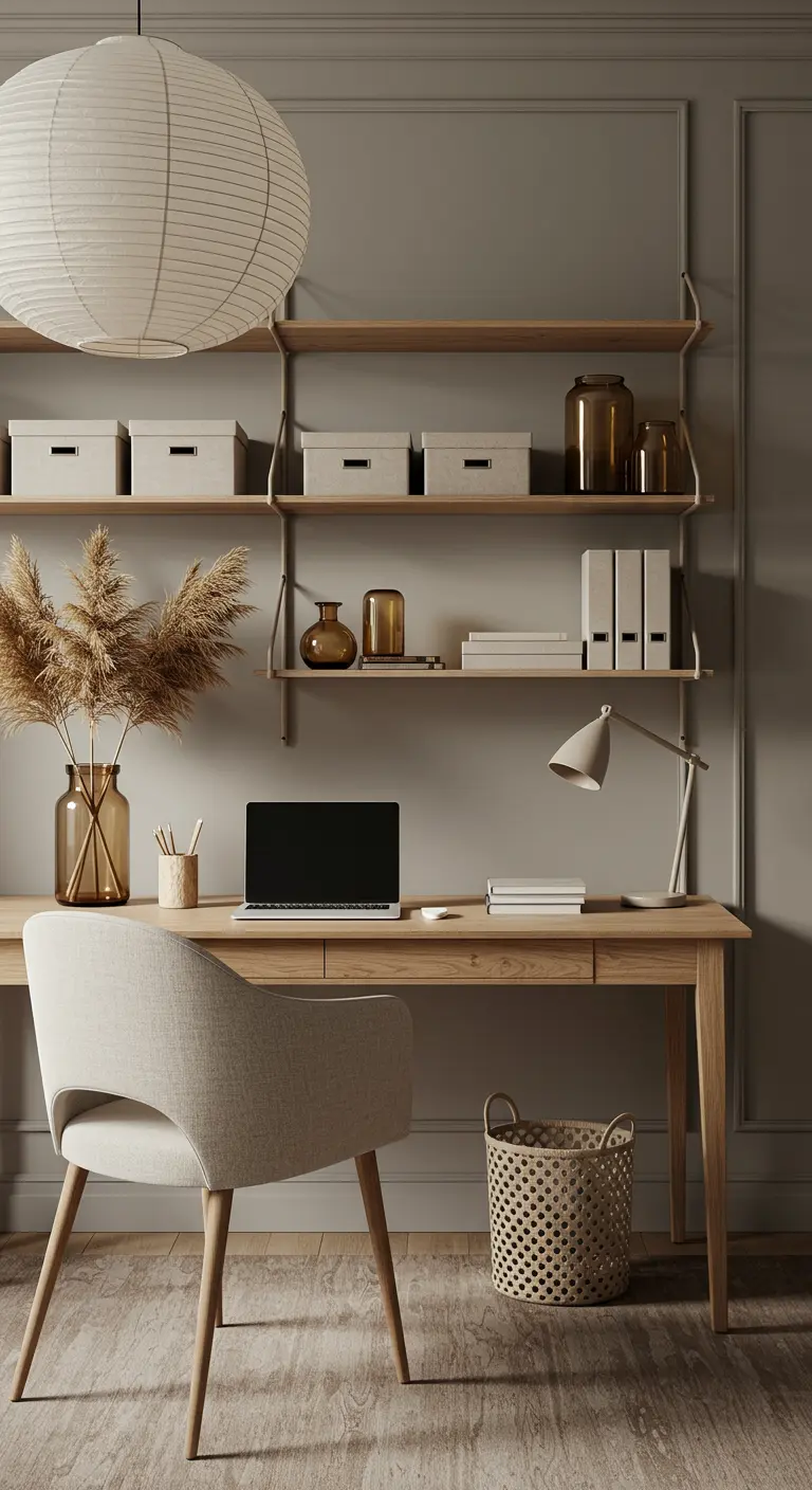 Bureau scandinave en bois avec un bouquet de pampas et une suspension en papier de riz.