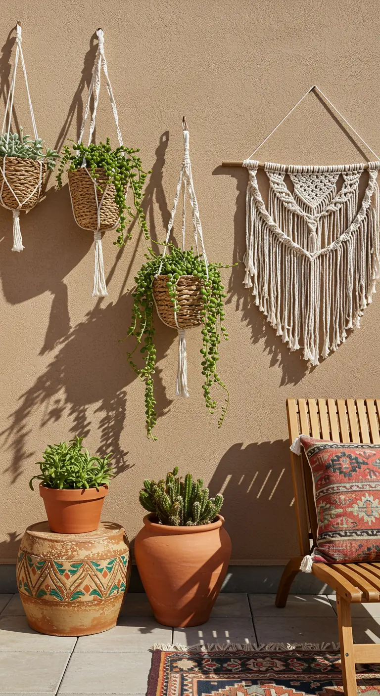 Composition de plantes grasses dans des suspensions en macramé sur un mur ocre.