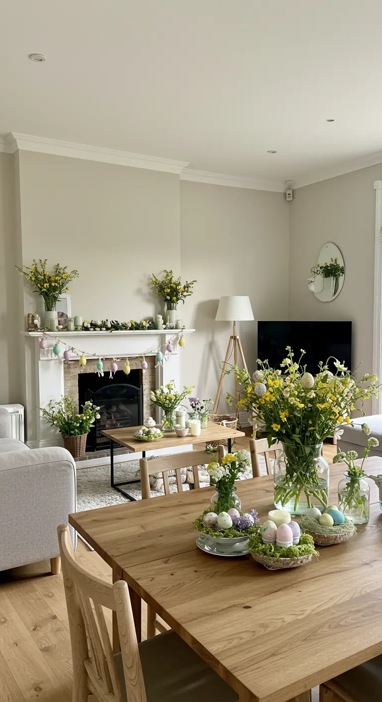 Vue d'ensemble d'un salon et salle à manger décorés de multiples bouquets et guirlandes.