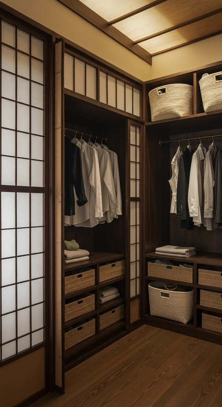 Dressing d'inspiration japonaise avec portes coulissantes Shoji et paniers en fibres naturelles.