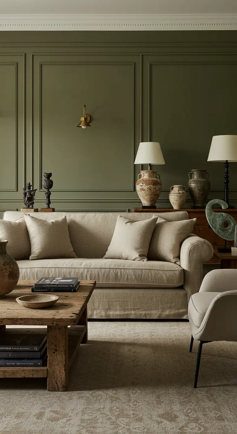 Salon apaisant avec murs vert olive, canapé en lin et table en bois brut.