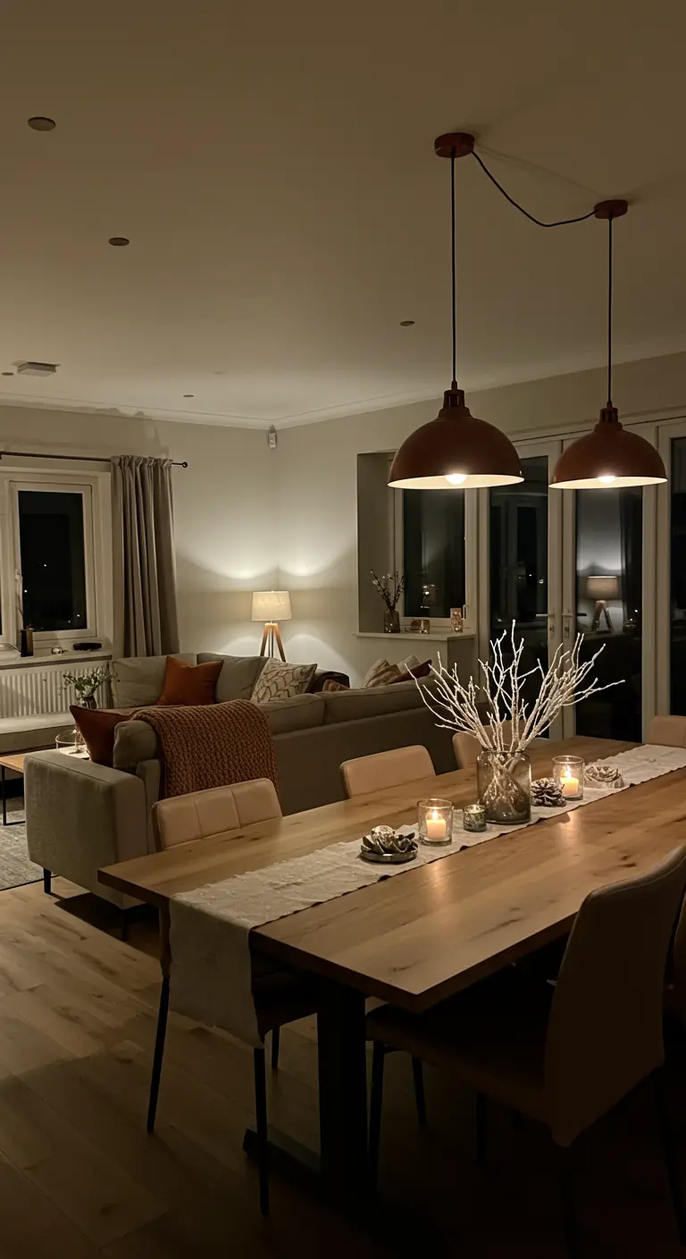 Salle à manger et salon ouverts avec table en bois, bougies et branchages décoratifs