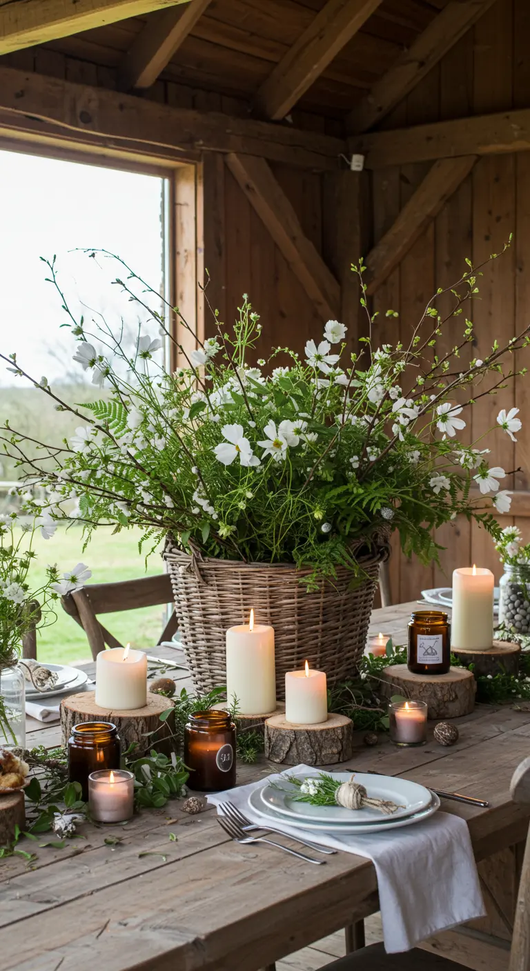 Table rustique avec un grand panier de fleurs des bois blanches, fougères et bougies sur rondins de bois.