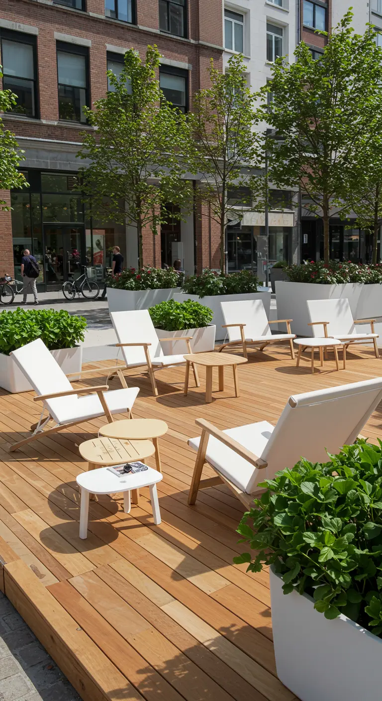 Espace extérieur urbain avec chaises longues en bois et blanc, tables basses et grands pots de plantes.