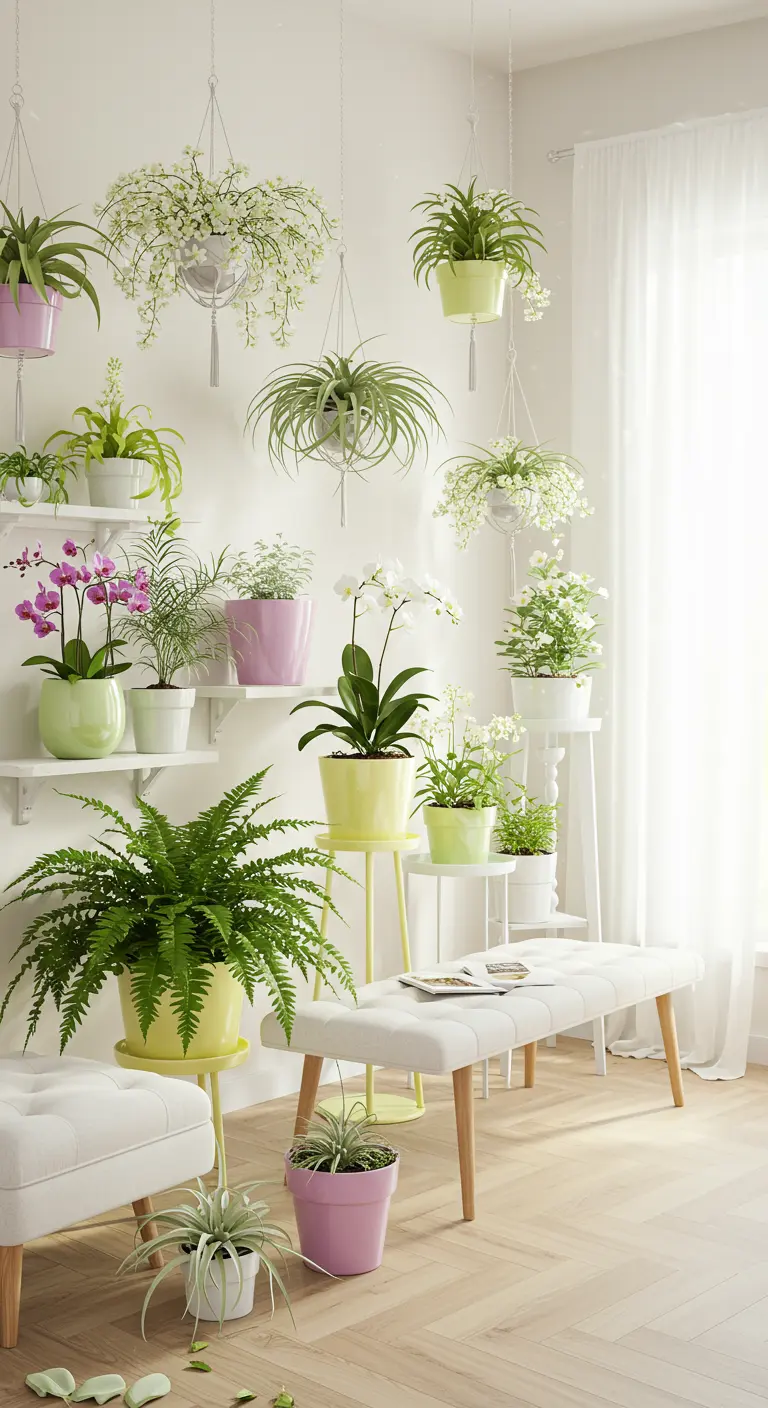 Mur végétal intérieur avec des pots pastel (rose, vert, jaune, blanc) garnis de fougères, orchidées et plantes suspendues.