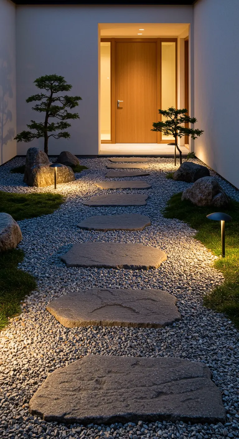 Chemin de jardin japonais en dalles de pierre sur gravier, avec éclairage discret.