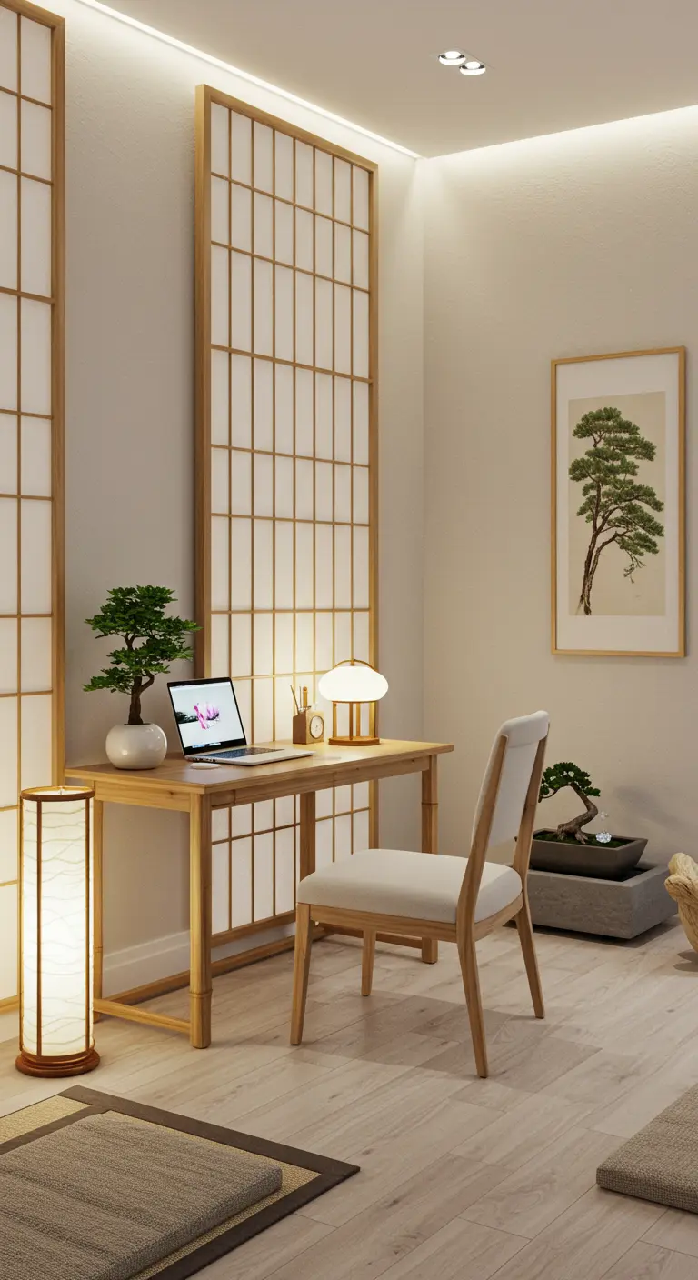 Bureau zen avec panneaux Shoji, bureau en bois clair, bonsaï et lampe au sol en papier de riz.