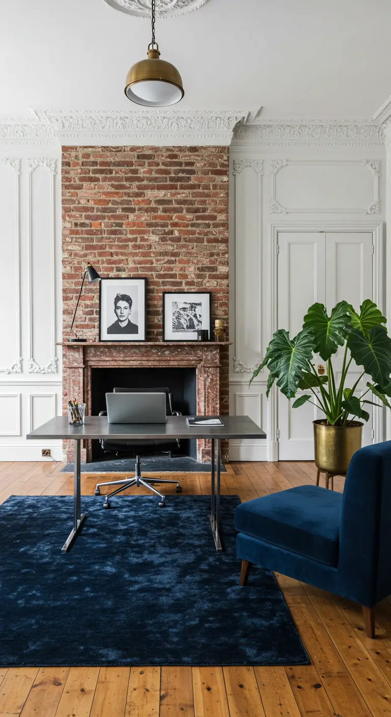 Bureau moderne devant une cheminée en briques dans un appartement haussmannien.