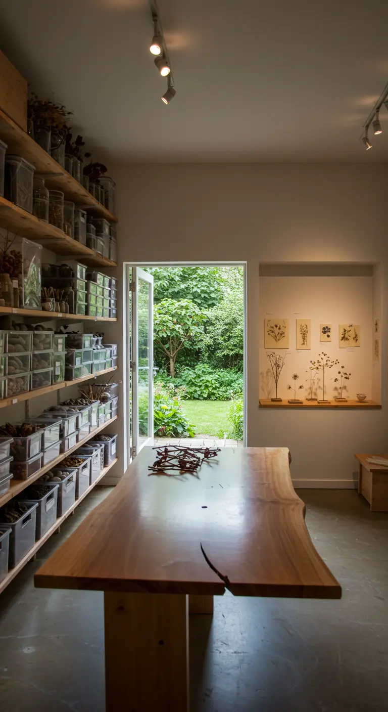 Atelier d'artiste floral avec un mur de rangements transparents et une grande table en bois face à un jardin.