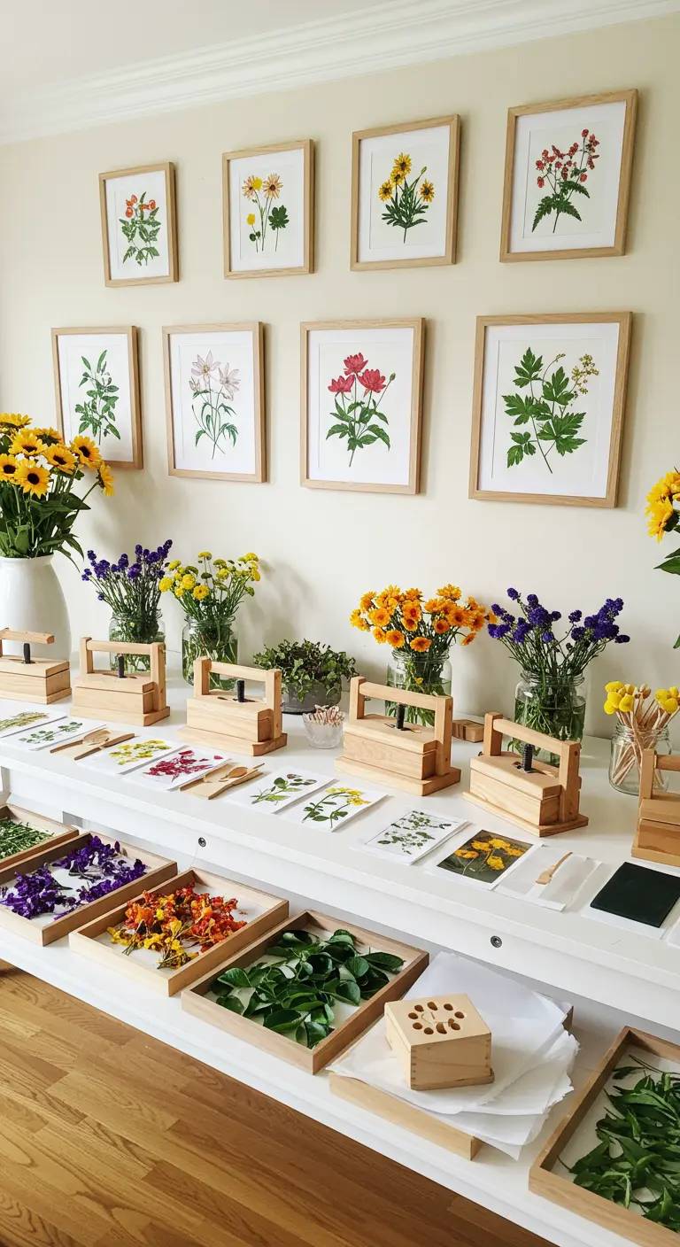 Atelier de presse à fleurs avec des fleurs fraîches colorées et des presses en bois.