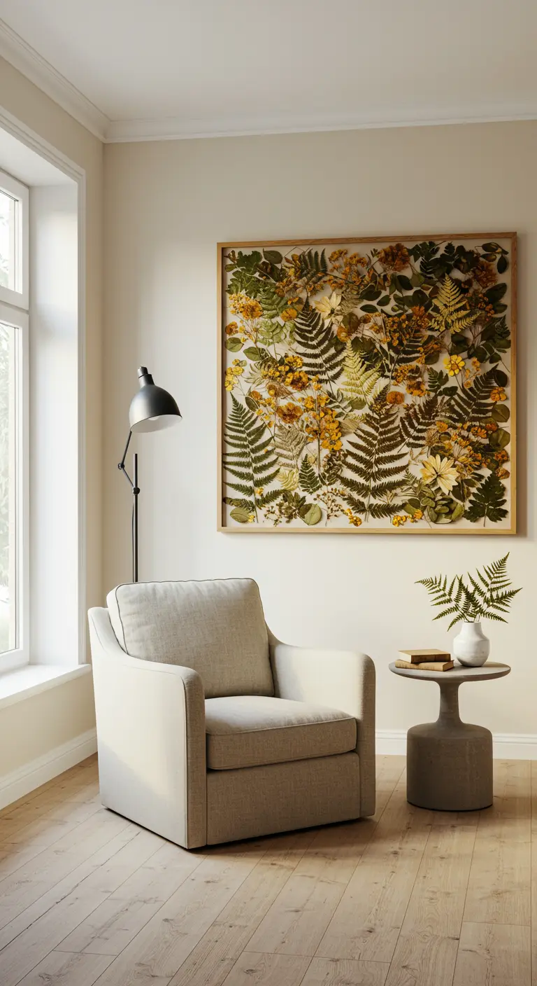 Grand tableau de fleurs et fougères pressées accroché au mur d'un coin lecture.