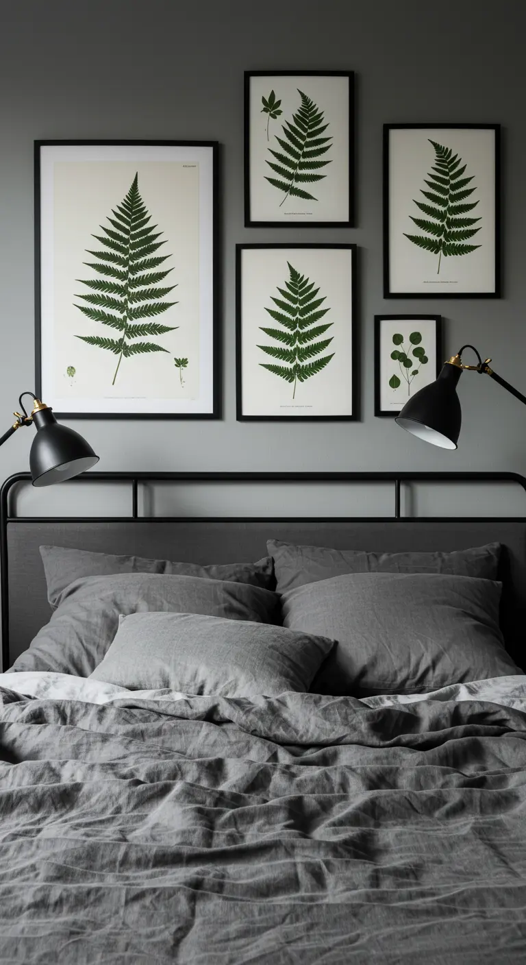 Composition murale de cadres avec des illustrations de fougères au-dessus d'un lit.