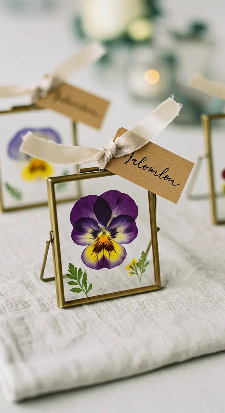 Petit cadre en laiton avec une pensée pressée à l'intérieur.