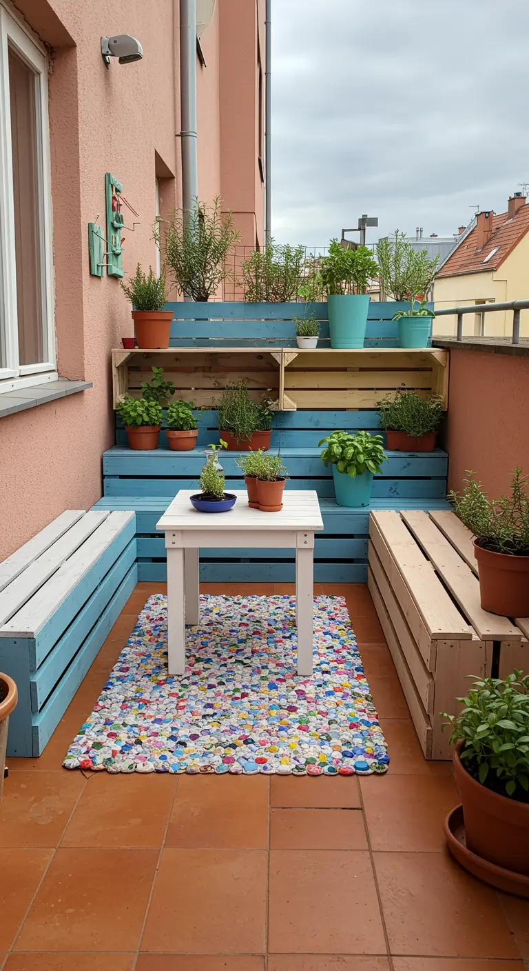 Balcon avec des bancs et des étagères bleus faits de caisses en bois recyclées