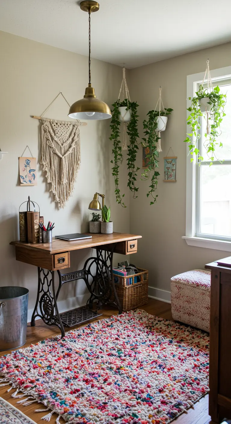 Bureau DIY sur un piètement de machine à coudre, style bohème avec plantes suspendues.