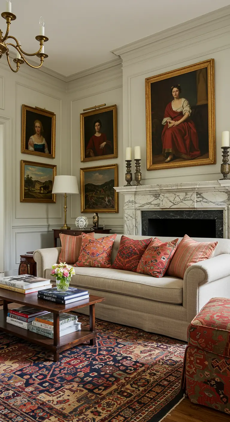 Salon classique avec une cheminée en marbre, des portraits anciens et un tapis persan coloré.